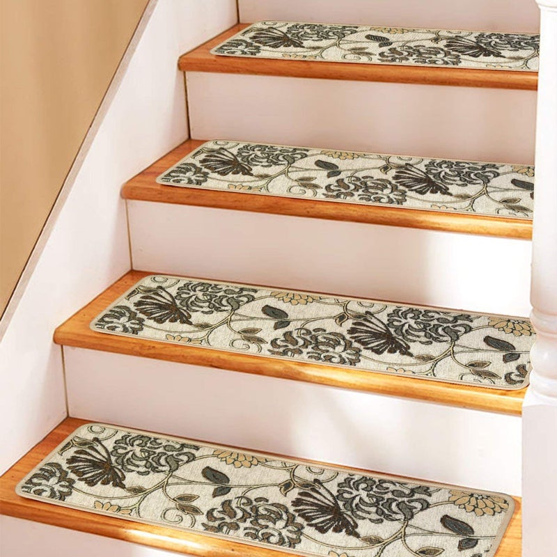 Seloom Non-Slip Stair Treads Carpet with Skid Resistant Backing, Blended Jacquard Craft Step Runner Specialized for Indoor Wooden Steps, 30"x8",Beige, 13-Pack - Image 1